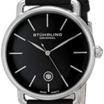 Stuhrling Original Ascot Mens Black Watch – Swiss Quartz Analog Date Wrist Watch for Men – Stainless Steel Mens Designer Watch with Black Leather Strap 768.02