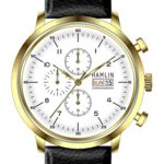 Hamlin Collection quartz movement, stainless steel, white dial, leather strap, chronograph, with day date men’s watch. Model number HAVM0700:005
