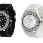 White Black 2 Pack Geneva Crystal Rhinestone Large Face Watch with Silicone Jelly Link Band
