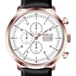 Hamlin Collection quartz movement, stainless steel, white dial, leather strap, chronograph, with day date men’s watch. Model number HAVM0700:003