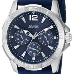 GUESS Men’s U0366G2 Sporty Silver-Tone Stainless Steel Watch with Multi-function Dial and Blue Strap Buckle