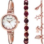 Anne Klein Women’s AK/2840RJAS Swarovski Crystal Accented Rose Gold-Tone Bangle Watch and Red Jasper Beaded Bracelet Set