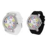 2 Pack White and Black Geneva Women’s Large Round Face Silicone Rainbow Numbers Watch
