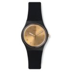 Swatch Originals Gold Dial Black-Tone Plastic Rubber Quartz Ladies Watch GB288