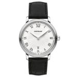 Montblanc Tradition Date White Guilloche Dial Black Leather Mens Watch 112633