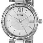 GUESS Women’s U0767L1 Dressy Silver-Tone Watch with White Dial , Crystal-Accented Bezel and Stainless Steel Pilot Buckle