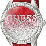 GUESS Women’s U0823L3 Trendy Silver-Tone Watch with Red Dial , Crystal-Accented Bezel and Genuine Leather Strap Buckle