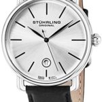 Stuhrling Original Ascot Mens Designer Watch – Swiss Quartz Silver Dial Date Wrist Watch for Men – Stainless Steel Analog Watch with Black Leather Strap 768.01