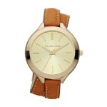 Michael Kors Mid-Size Luggage Leather and Goldtone Stainless Steel Slim Runway Three-Hand Watch