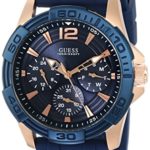 GUESS Men’s U0366G4 Iconic Sporty Blue Silicone & Rose Gold-Tone Watch with Day, Date & 24 Hour Int’l Time