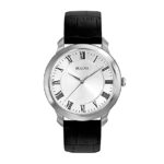 Bulova Men’s Black Leather Strap Watch With Silver White Dial