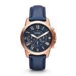 Fossil Men’s FS4835 Grant Chronograph Leather Watch – Rose Gold-Tone and Blue
