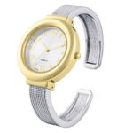 Two tone mesh like ladies bangle/cuff watch with sunray dial and singapore movement