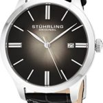 Stuhrling Original Classic Cuvette II Mens Black Watch – Swiss Quartz Analog Date Wrist Watch for Men – Stainless Steel Mens Designer Watch with Black Leather Strap 490.33151