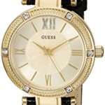 GUESS Women’s U0838L1 Dressy Gold-Tone Watch with Gold Dial , Crystal-Accented Bezel and Genuine Leather Strap Buckle
