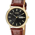 Citizen Men’s BM8242-08E Eco-Drive Gold-Tone Stainless Steel Watch with Brown Leather Band