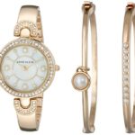 Anne Klein Women’s AK/1960GBST Swarovski Crystal-Accented Gold-Tone Bangle Watch and Bracelet Set