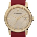 Burberry BU9111 Women’s Swiss Haymarket Check Fabric & Red Leather Band watch