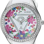 GUESS Women’s U0904L1 Trendy Silver-Tone Watch with  White Dial  and Silicone Band