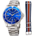 Akribos XXIV Men’s Quartz Diver Silver-tone Stainless Steel Bracelet Watch Set + Blue, White, & Orange “NATO” Strap – AK1002SSBU