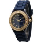 Navy Goldtone Silicone Watch w/ Rhinestones Face Bling Ceramic Look