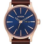 Nixon Men’s Sentry Leather Strap Watch, 42mm, Rose Gold/Navy/Brown, One Size