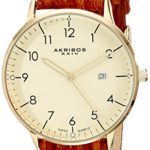 Akribos XXIV Men’s Retro Swiss Quartz Cream Dial Gold-tone Stainless Steel Brown Leather Strap Watch