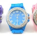 Pink Blue Purple 3 Pack Geneva Crystal Rhinestone Large Face Watch with Silicone Jelly Link Band