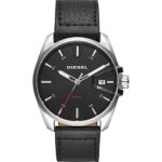 Diesel Watches Mens MS9 Stainless-Steel and Black Leather Watch