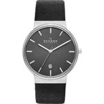Skagen Men’s Ancher Chronograph Silvertone Watch With Black Leather Strap And Black Dial