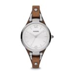 Fossil Women’s Georgia Quartz Stainless Steel and Leather Casual Watch, Color: Silver-Tone, Brown (Model: ES3060)