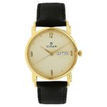 Titan Men’s Contemporary Chronograph/Multi Function Work Wear,Gold/Silver Metal/Leather Strap Mineral Crystal, Quartz, Analog, Water Resistant Wrist Watch