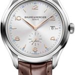 Baume & Mercier Clifton Stainless Steel Mens Automatic Watch Sapphire Crystal – 41mm Analog Silver Face with Second Hand and Date – Brown Leather Band Swiss Made Self Winding Watches For Men 10054