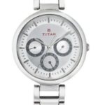 Titan Women’s Contemporary Chronograph/Multi Function/Work Wear,Gold/Silver Metal/Leather Strap, Mineral Crystal, Quartz, Analog, Water Resistant Wrist Watch