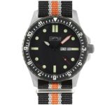 German Military Titanium Watch. GPW Day Date. 200M W/R. Sapphire Crystal. Black White & Orange Nylon Strap.