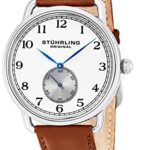 Stuhrling Original Classic Cuvette Wrist Watch for Men – Swiss Quartz Analog White Dial with Seconds Sub-dial Brown Leather Strap Mens Designer Watch 207.01