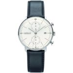Junghans Max Bill Chronoscope Mens Automatic Chronograph Watch – 40mm Analog Silver Face with Luminous Hands and Date – Stainless Steel Black Leather Band Luxury Watch Made in Germany 027/4600.00