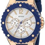 GUESS Women’s U0452L3 Sporty Oversized Multi-Function Watch on a Comfortable Navy Blue Silicone Strap with Rose Gold-Tone Accents