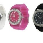 White Black Fuchsia Pink 3 Pack Geneva Crystal Rhinestone Large Face Watch with Silicone Jelly Link Band