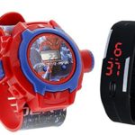 Pappi Boss QUALITY ASSURED – Kids Special Toys – Pack of 2 -Spiderman Projector Band Watch + Jelly Slim Black Digital Led Band Watch for Kids, Children, Boys, Girls