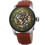 Akribos XXIV Men’s Automatic Skeltonized Green & Brown Perforated Leather Strap Watch – AK1010BR