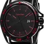 Calvin Klein ‘Earth’ Luxury Mens All Black Watch Leather Band – Black Stainless Steel Watch with 43mm Analog Black Face – Rotating Bezel Swiss Made Quartz Watches For Men K5Y31ZB1