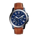 Fossil Men’s 44mm Grant Blue and Silvertone Watch with Light Brown Strap