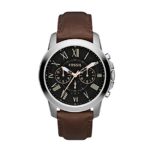 Fossil Men’s 44mm Grant Stainless Steel Chronograph Watch With Black Dial and Brown Leather Strap