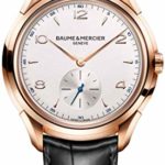 Baume & Mercier Clifton Mens Mechanical Rose Gold Watch – 42mm Analog Silver Face with Second Hand and Sapphire Crystal – Black Leather Band Swiss Made Hand Winding Luxury Dress Watches For Men 10060