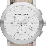 Burberry Unisex Men Women Watch The City SWISS LUXURY Round Stainless Steel Chronograph White Date Dial Nova Check Fabric (Authentic Leather Backed) Band 42mm BU9357