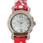 Pedre Women’s Silver-Tone Crystal Watch with Red Floral Asian Nylon Strap #6400SX