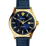 Versace Men’s AIAKOS Automatic Swiss Watch with Leather Calfskin Strap, Blue, 12 (Model: V18020017)