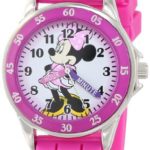 Minnie Mouse Kids’ Analog Watch with Silver-Tone Casing, Pink Bezel, Pink Strap – Official Minnie Mouse Character on The Dial, Time-Teacher Watch, Safe for Children – Model: MN1157