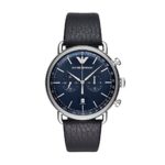 Emporio Armani Men’s Dress Stainless Steel Quartz Watch with Leather Calfskin Strap, Blue, 22 (Model: AR11105)